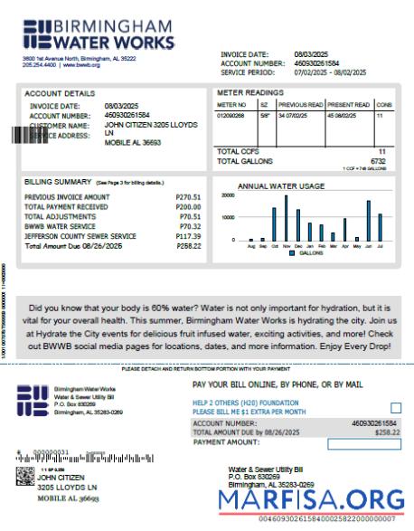 Downloadable United Kingdom Birmingham Water utility bill template in Word and PDF formats, version 2